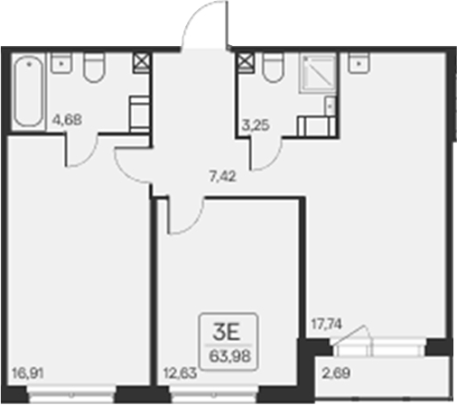 Планировка: 3Е-к.кв · 63,98 м²