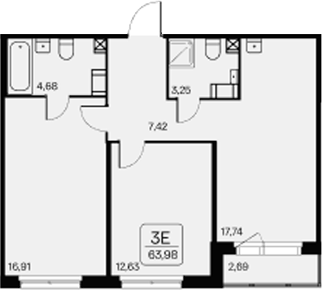 Планировка: 3Е-к.кв · 63,98 м²