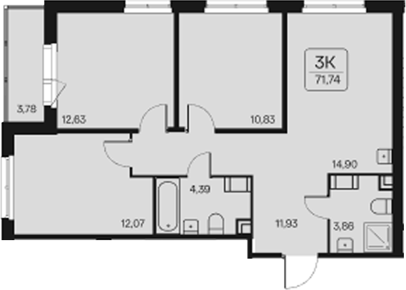 Планировка: 3 комнаты · 71,74 м²