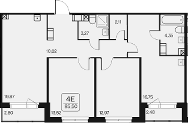 Планировка: 4Е-к.кв · 85,5 м²