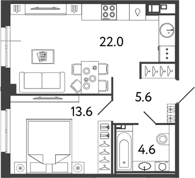 Планировка: 2Е-к.кв · 45,8 м²