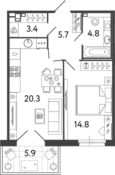 Планировка: 2Е-к.кв · 54,9 м²