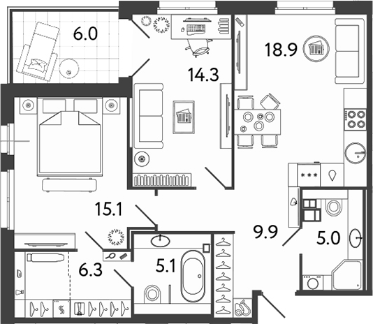 Планировка: 3Е-к.кв · 80,6 м²