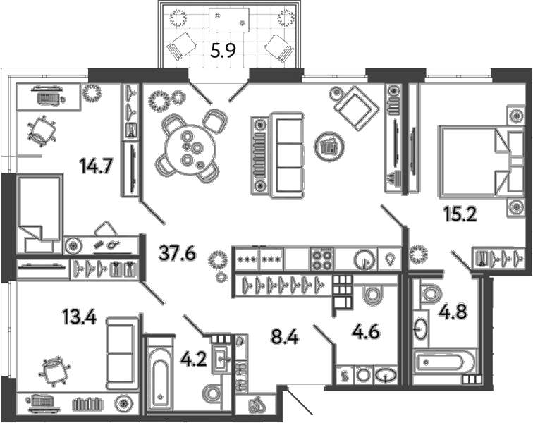Планировка: 4Е-к.кв · 104,67 м²