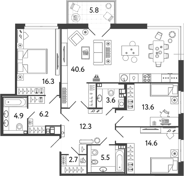 Планировка: 4Е-к.кв · 126,1 м²