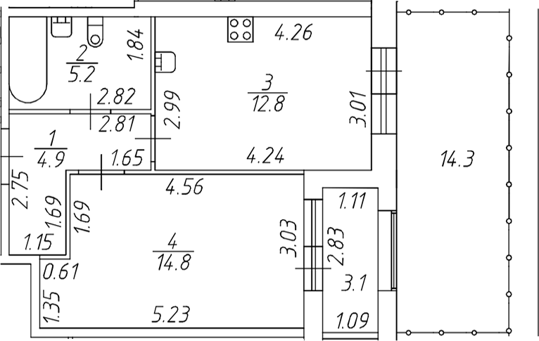 Планировка: 1 комната · 43,6 м²