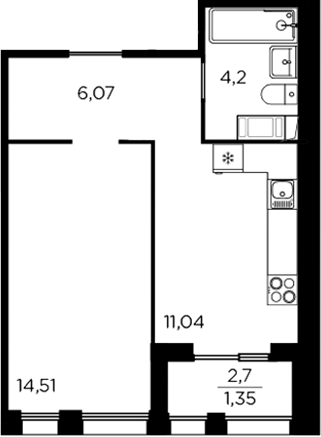 Планировка: 1 комната · 37,17 м²