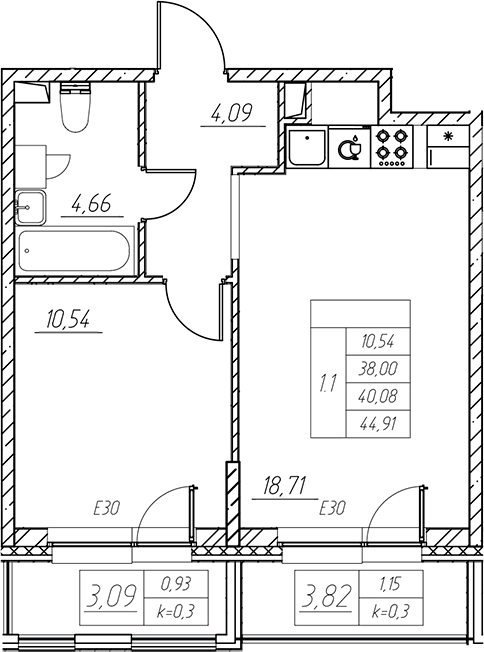 Планировка: 2Е-к.кв · 40,08 м²