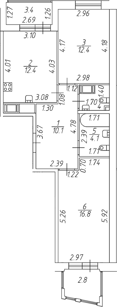Планировка: 2 комнаты · 60,1 м²