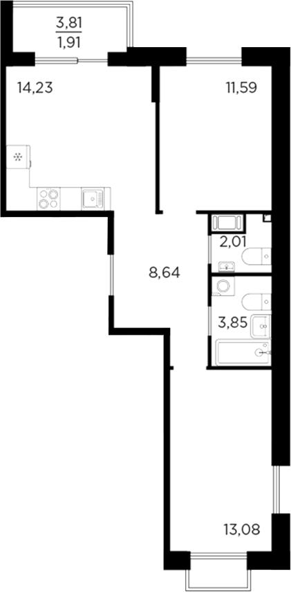 Планировка: 2 комнаты · 55,31 м²