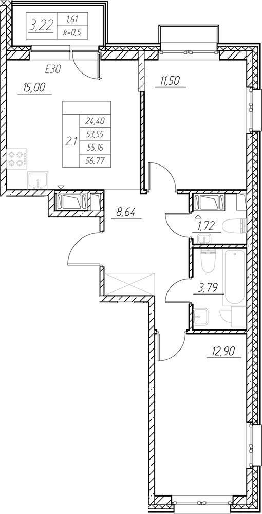 Планировка: 3Е-к.кв · 55,16 м²