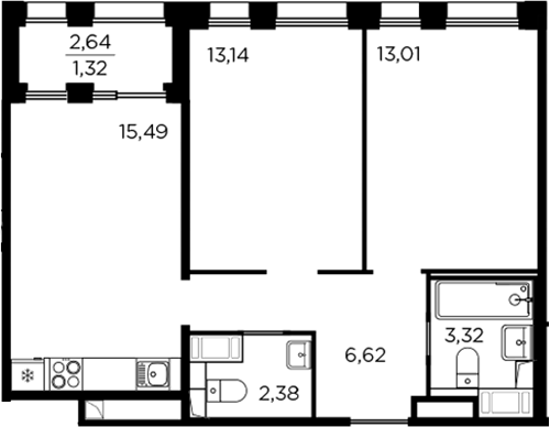 Планировка: 3Е-к.кв · 55,28 м²
