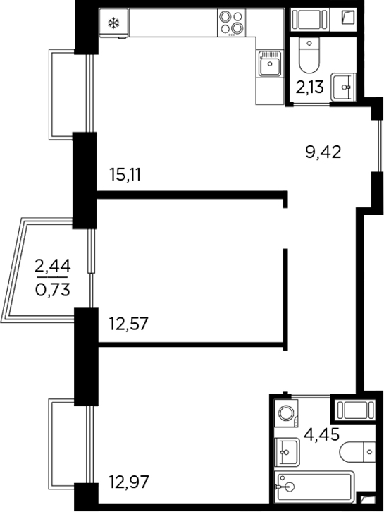 Планировка: 3Е-к.кв · 57,38 м²