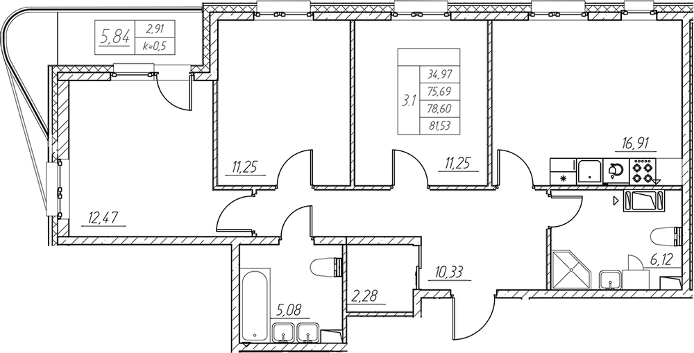 Планировка: 4Е-к.кв · 78,6 м²