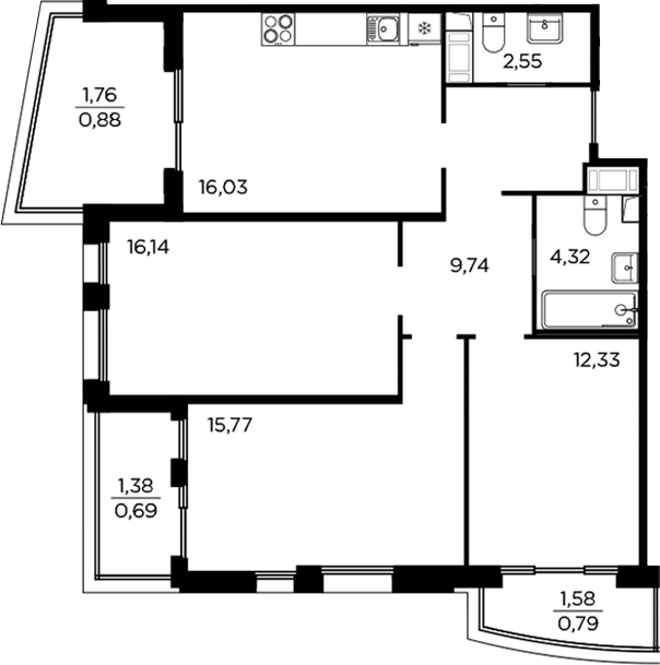 Планировка: 4Е-к.кв · 79,24 м²