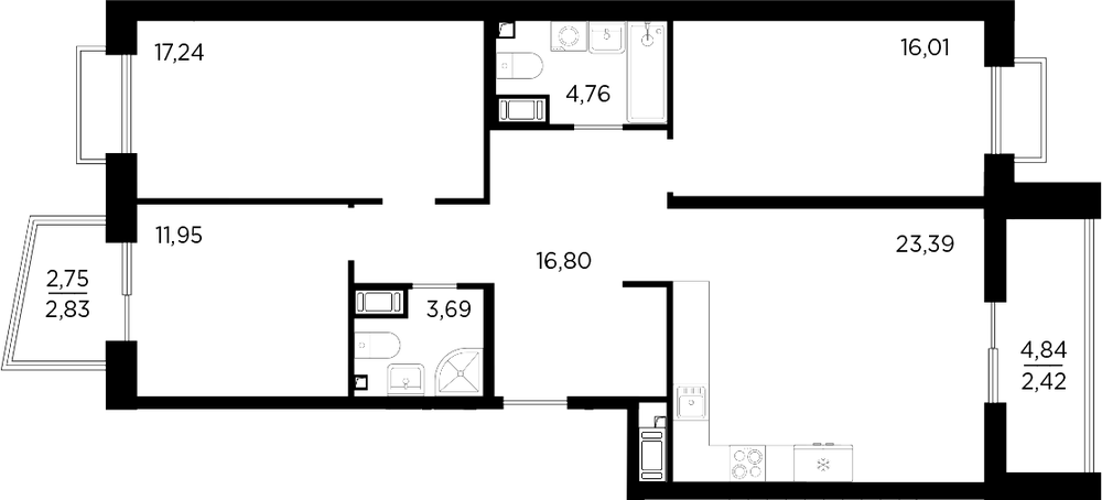Планировка: 4Е-к.кв · 97,09 м²