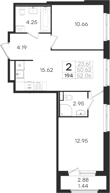 Планировка: 3Е-к.кв · 52,06 м²