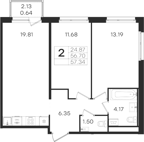 Планировка: 3Е-к.кв · 57,34 м²