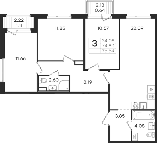 Планировка: 4Е-к.кв · 76,64 м²