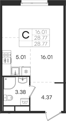 Планировка: Студия · 28,77 м²