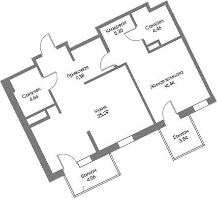 Планировка: 2Е-к.кв · 65,9 м²