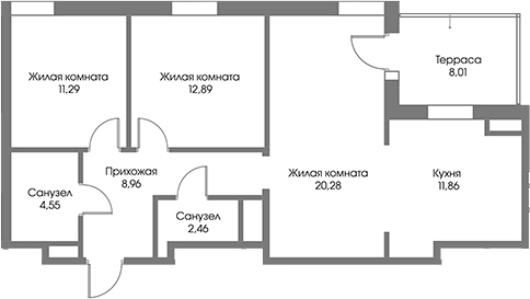 Планировка: 3Е-к.кв · 74,69 м²