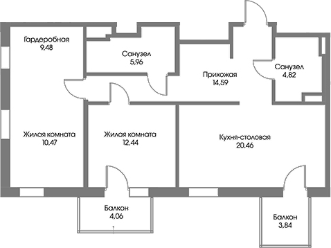 Планировка: 3Е-к.кв · 80,59 м²