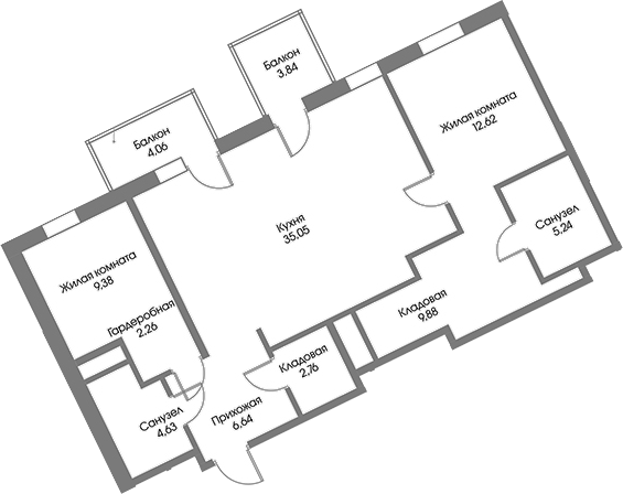 Планировка: 3Е-к.кв · 90,83 м²