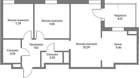 Планировка: 3 комнаты · 71,68 м²