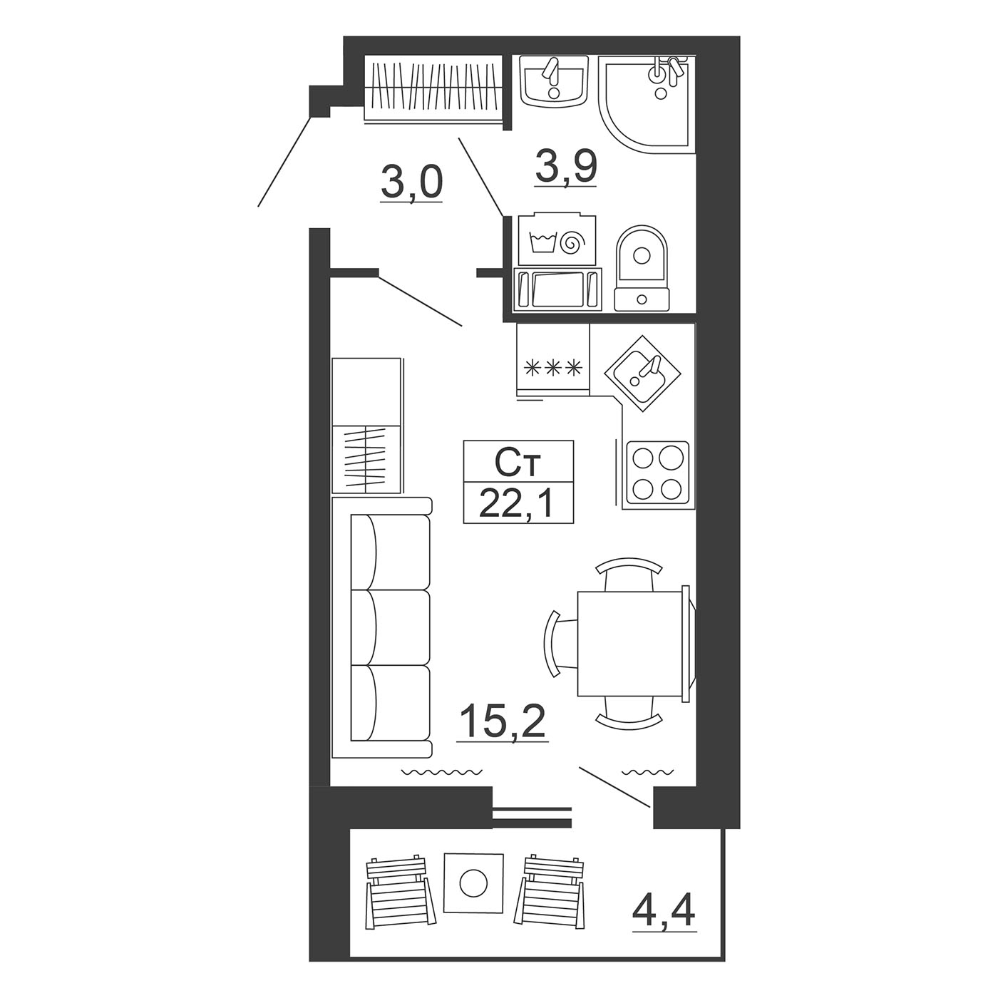 Планировка: Студия · 22,1 м²