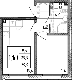 Планировка: 1 комната · 29,9 м²