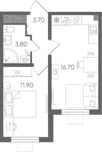 Планировка: 2Е-к.кв · 36,1 м²