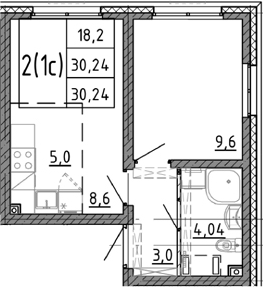 Планировка: 2Е-к.кв · 30,24 м²
