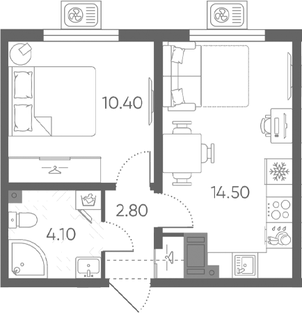 Планировка: 2Е-к.кв · 31,8 м²