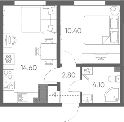 Планировка: 2Е-к.кв · 31,9 м²