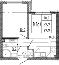 Планировка: 2Е-к.кв · 29,9 м²