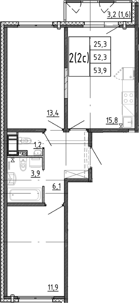 Планировка: 3Е-к.кв · 53,9 м²