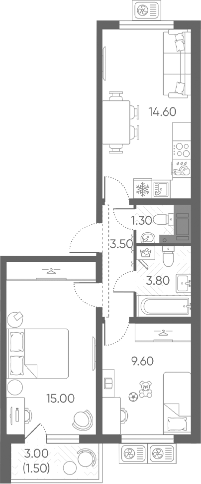 Планировка: 3Е-к.кв · 49,3 м²