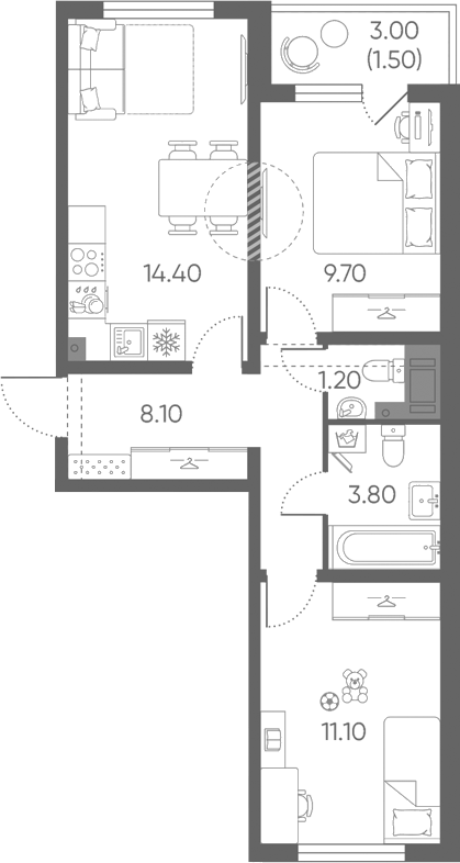 Планировка: 3Е-к.кв · 49,8 м²