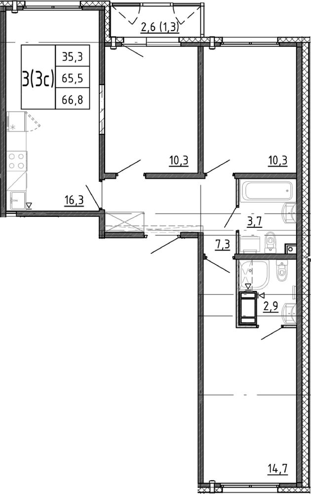 Планировка: 4Е-к.кв · 66,8 м²