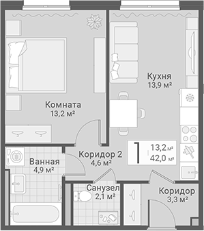 Планировка: 1 комната · 42 м²