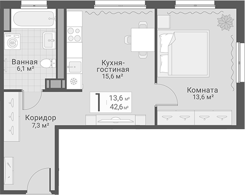 Планировка: 2Е-к.кв · 42,6 м²