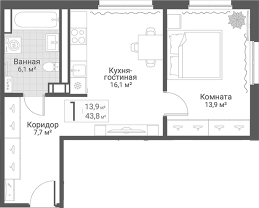 Планировка: 2Е-к.кв · 43,8 м²