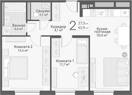 Планировка: 2 комнаты · 62,9 м²