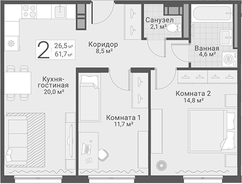 Планировка: 3Е-к.кв · 61,7 м²