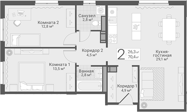 Планировка: 3Е-к.кв · 70,4 м²