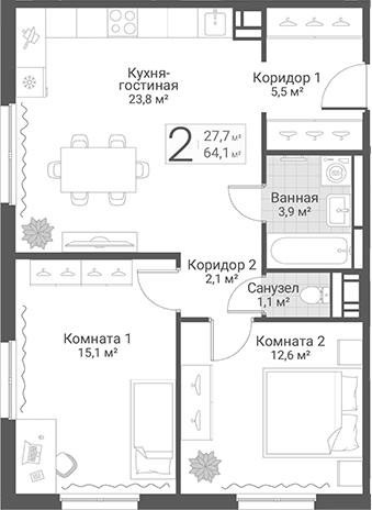 Планировка: 3Е-к.кв · 64,1 м²