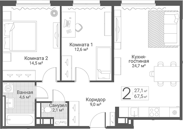Планировка: 3Е-к.кв · 67,5 м²