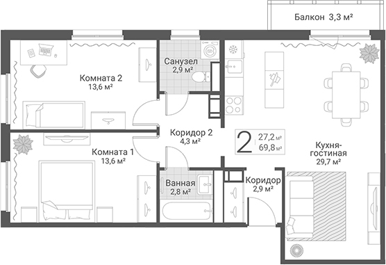 Планировка: 3Е-к.кв · 73,1 м²