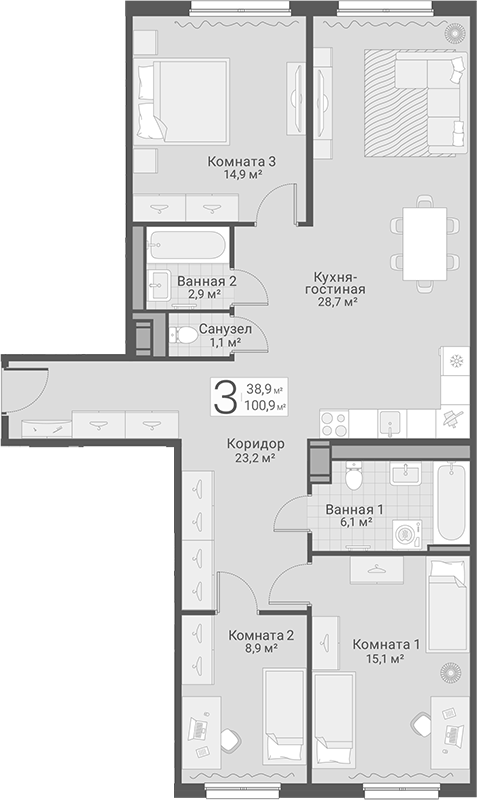 Планировка: 4Е-к.кв · 100,9 м²